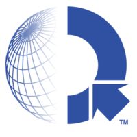 Blue and white globe logo with geometric shapes on the right side.