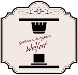 Logo mit Text "Gasthaus & Biergarten Wolfert" und einem stilisierten Tisch auf beigem Hintergrund.