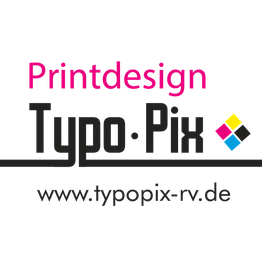 Logo von "Typo-Pix" mit farbigen Quadraten und Text "Printdesign www.typopix-rv.de".