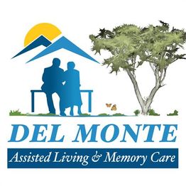 Silhouettes on a bench by a tree, with "Del Monte Assisted Living & Memory Care" text.