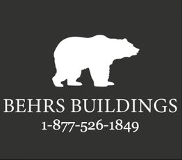 Silhouette of a bear with "Behrs Buildings" and a phone number underneath on a dark background.