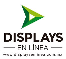 Logotipo de Displays en Línea con un triángulo verde y texto del sitio web: displaysenlinea.com.mx.