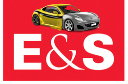 Rotes E&S-Logo mit gelb-schwarzem Auto oben, stilvolle Gestaltung kombiniert Text und Bild.