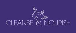 Logo with a dove holding a branch and the text "Cleanse & Nourish" on a purple background.