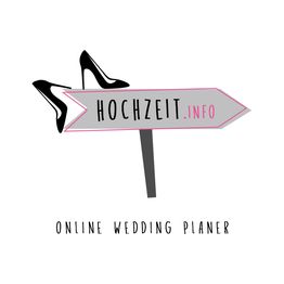 Pfeilschild mit „HOCHZEIT.INFO“, schwarze High Heels, Text: „ONLINE WEDDING PLANER“.