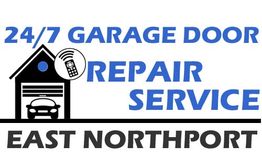 "24/7 Garage Door Repair Service logo with house and car graphic, East Northport location."