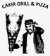 Schwarz-weiß Illustration: Mann mit traditioneller Kleidung neben großem Döner, Text "Cakir Grill & Pizza".
