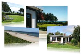 Collage aus Strand, Garten mit Liegestühlen und einem modernen Haus mit Blick auf das Meer.