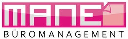 Logo mit der Aufschrift "MANE BÜROMANAGEMENT" in pink und schwarz, mit einem kleinen Papier-Icon.