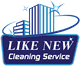 Logo of Like New Cleaning Service with sparkling buildings and a swoosh design.
