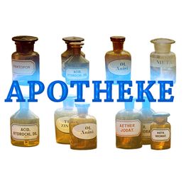 Braune Apothekerflaschen mit chemischen Bezeichnungen, darüber der Schriftzug "APOTHEKE".