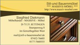 Visitenkarte von Stil- und Bauernmöbel mit Kontaktdaten und Foto einer Holzmöbel-Schublade.