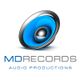 Logo von MD Records mit blauem Lautsprecher und Schriftzug "Audio Productions".