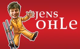 Cartoonmann in Anzug mit Leiter vor rotem Hintergrund. Text: "Jens Ohle".