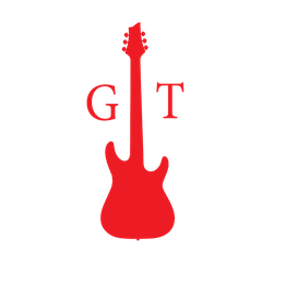 Rote E-Gitarren-Silhouette mit den Buchstaben "G" links und "T" rechts auf schwarzem Hintergrund.