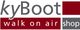 Logo mit Text: "kyBoot, walk on air, shop" in Grau und Dunkelrot.