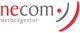 Logo der Werbeagentur "necom" in Rot und Grau mit stilisierten Halbkreislinien rechts.