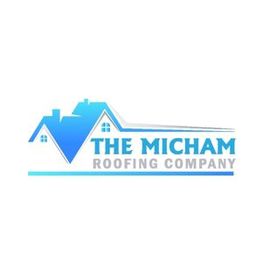 Blue house silhouette logo for The Micham Roofing Company.