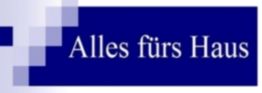 Blaues Rechteck mit dem weißen Text „Alles fürs Haus“ und grafischen Kästchen links.