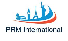 Logo of PRM International featuring global landmarks in blue and red.