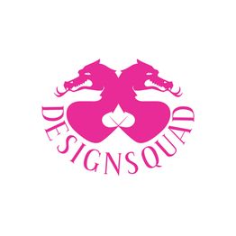 Zwei rosa Drachenköpfe mit Scheren, Schriftzug "DESIGNS QUAD" in geschwungener Schrift.