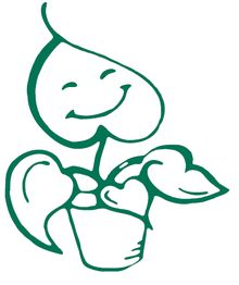 Lächelnde Pflanze mit herzförmigem Blatt in einem Topf, einfache grüne Zeichnung.