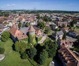Luftaufnahme einer Stadtlandschaft mit vielen Häusern, einem Turm und grünen Bäumen.