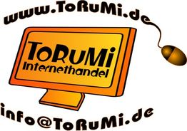Logo von ToRuMi Internethandel mit Computerbildschirm und Maus, Webseite und E-Mail-Adresse.