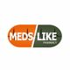 Logo of Meds Like Pharmacy, shaped like a pill with orange and green halves and a heartbeat line.