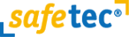 Logo mit gelber Aufschrift "safe" und blauer Aufschrift "tec" in einer eckigen Klammerform.