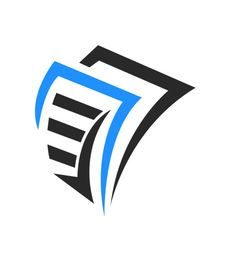 Abstraktes Logo mit blauen und schwarzen Papierblättern, die dynamisch nach rechts geneigt sind.