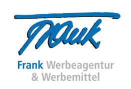 Logo von Frank Werbeagentur & Werbemittel mit blauer Grafik über dem Namen.