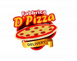 Logotipo de pizzaria com pizza ilustrada e faixa amarela de entrega. Texto: "Fabbrica D'Pizza".