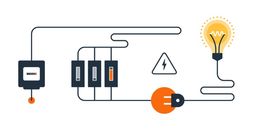Elektrisches Schaltbild mit Glühbirne, Steckdose und Warnzeichen für Spannung.