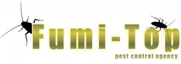 Texto "Fumi-Top" con imágenes de cucarachas y lema "pest control agency" en la esquina inferior.