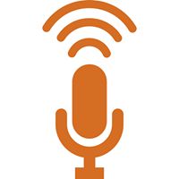 Oranje microfoon pictogram met draadloze signalen erboven, op een witte achtergrond.