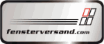 Logo mit stilisierter Fensteranzeige und Text "fensterversand.com" auf metallisch glänzendem Hintergrund.