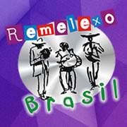 Desenho de três músicos com instrumentos e texto "Remexe Brasil" em fundo roxo abstrato.