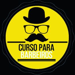 Emblema amarelo com chapéu, óculos e bigode, texto "Curso para Barbeiros".