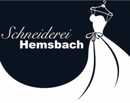 Logo der Schneiderei Hemsbach mit stilisiertem weißen Kleid auf dunklem Hintergrund.