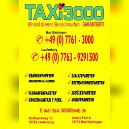 Taxi3000 Kontaktinfo und Dienstleistungen wie Kranken- und Flughafentransporte auf gelbem Hintergrund.