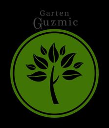 Grünes Baum-Symbol auf schwarzem Hintergrund, darüber Text: "Garten Guzmic".