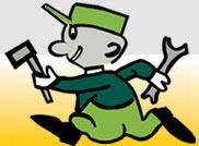 Comicfigur mit Hut hält einen Hammer und einen Schraubenschlüssel, läuft nach rechts.