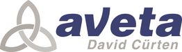 Logo mit grauem Knoten-Symbol, lila Schrift "aveta", darunter "David Cürten".
