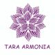 Flor morada estilizada con texto "TARA ARMONIA" debajo.