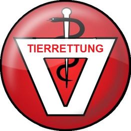 Rotes Symbol mit weißem Dreieck, Schlange und Stab, Text: Tierrettung.
