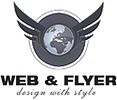 Logo mit Flügeln, einer Weltkugel und dem Text "Web & Flyer - design with style".