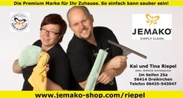 Zwei Personen mit JEMAKO-Reinigungszubehör, Markenlogo und Kontaktdaten auf gelbem Hintergrund.