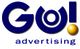 Logo mit blauem "Go!" und gelbem Punkt, darunter der Text "advertising".