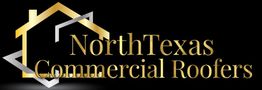 North Texas Commercial Roofers logo with a gold and silver house design on a black background.